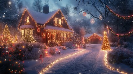Vibrant christmas lights adorning a home winter wonderland nighttime festive spirit