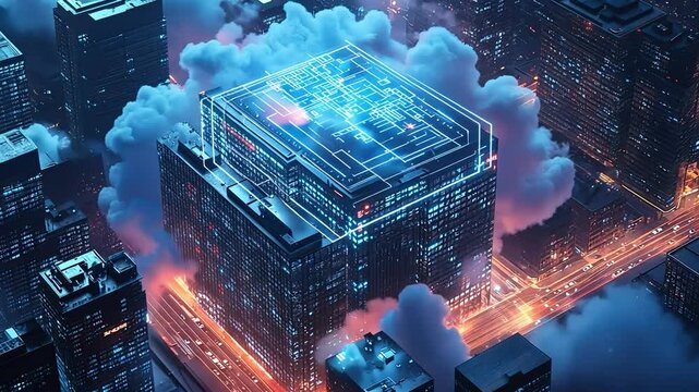 The Cloud City: A futuristic metropolis enveloped in a swirling cloud, its towering buildings resembling intricate circuit boards, illuminating the night with a mesmerizing glow. 