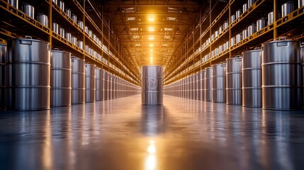 Industrial beer kegs, orderly rows in large warehouse, soft shadows