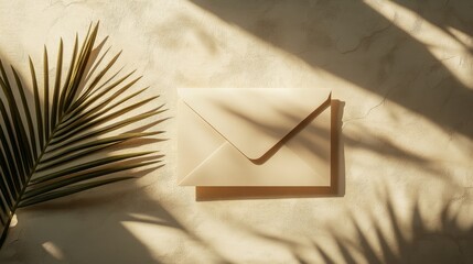 83.A clean, modern mockup of a greeting card paired with a craft envelope on a textured beige background, with sunlight and palm leaf shadows creating a tropical, relaxed mood, ideal for