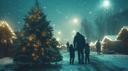 Obraz premium choosing Christmas tree, Family buying tree, Tree Farm, winter market, chrismas symbol, New Year concept, winter holidays concept,