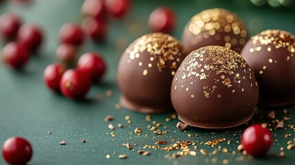 Obraz premium Festive chocolate truffles with gold dust, placed on a green background, with red berries adding a seasonal touch