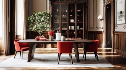 Fototapeta premium Elegant Dining Room Interior with Red Chairs and Wooden Table
