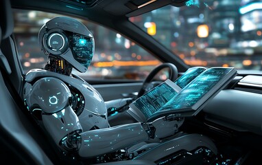 A futuristic robot immersed in a book inside a selfdriving car