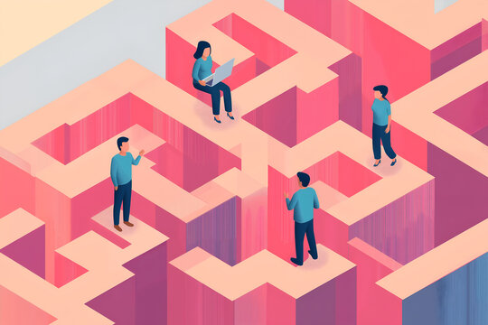 Team solving a giant maze together, symbolizing problem-solving skills, business concept vector illustrations