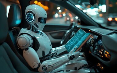 Fototapeta premium A humanoid robot holding a book in a selfdriving car
