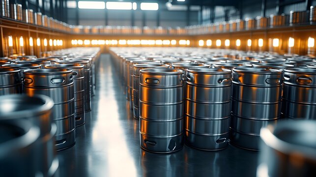 Large warehouse packed with neatly arranged beer kegs, soft industrial lighting, warm shadows across metallic surfaces, organized, professional feel