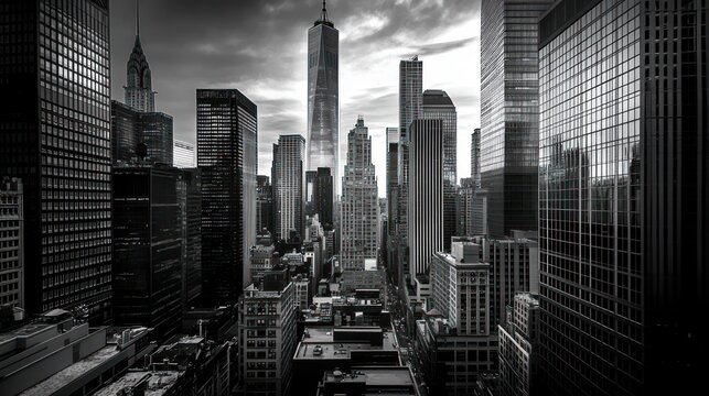 Fototapeta A monochrome cityscape showcasing towering skyscrapers and urban architecture.
