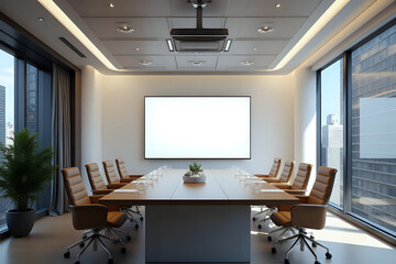 Mock up projector screen Presentation interior conference room Business meeting Office building