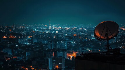 A night cityscape featuring illuminated buildings and a satellite dish in the foreground.
