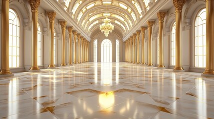 Obraz premium luxurious royal palace hall, gold marble walls, ornate columns, grand chandelier, warm golden lighting, isolated on white background