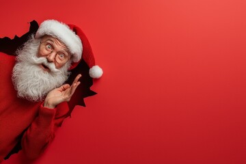 Santa Claus peeks through a bright red backdrop during the holiday season, spreading festive cheer and joy