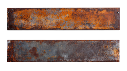 two weathered. rusty metal plates isolated on a transparent background the top plate has a more orange hue while the bottom one is more gray both plates have a rectangular shape with a rough. textured