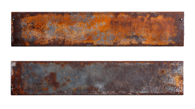 two weathered. rusty metal plates isolated on a transparent background the top plate has a more orange hue while the bottom one is more gray both plates have a rectangular shape with a rough. textured