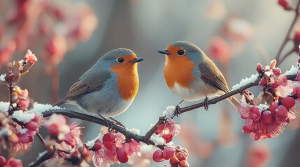 Fototapeta premium cute two bird perched on tree during winter time, Generative Ai