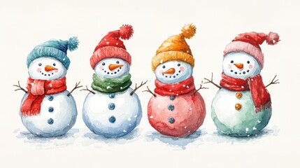 Cute Snowman element in different color for chrismas in watercolor Style