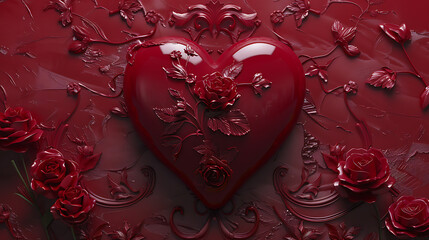 Red Heart with Roses and Baroque Ornament