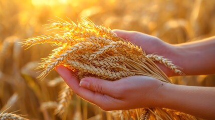 Hands tenderly holding wheat stems bathed in golden sunlight, harvest and agricultural growth, earthy tones, nature's cycle in harmony