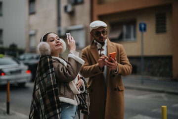 A stylish young couple uses their smart phones to capture moments while strolling through city streets. They are dressed warmly, enjoying a casual day outdoors.