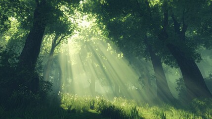 Obraz premium A serene forest scene with sunlight streaming through trees, creating a tranquil atmosphere.