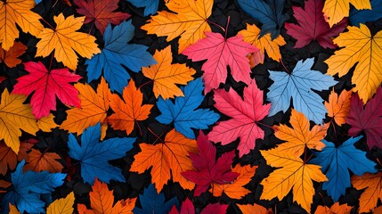 High contrast autumn leaves pattern, featuring bright blue, red, orange, pink, and yellow tones, laid out on a black background for bold visual impact