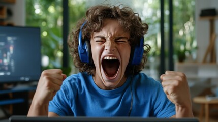 Enthusiastic young gamer celebrates victory with excitement at home during a casual gaming session