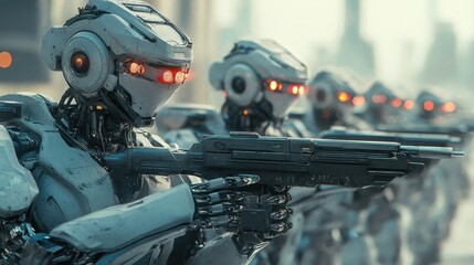 Fototapeta premium Military artificial intelligence arms race to produce an AI enabled army with autonomous robot soldiers and weapon systems, conceptual illustration