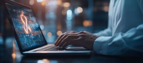 Person using laptop with glowing data graph on screen.