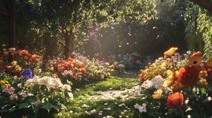 Sunlit Garden Path in a Lush Floral Paradise
