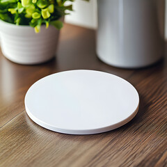 Blank white round coaster mockup on a table 