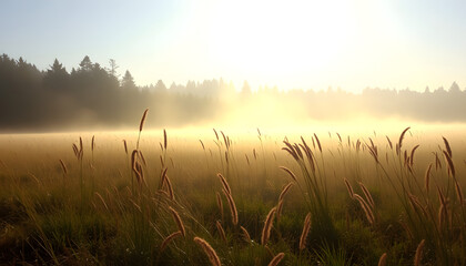 Naklejka premium Misty sunny morning in a wild field on the edge of the forest, vintage, with white tones