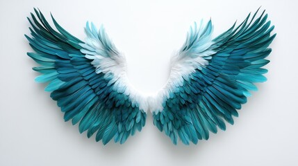 Teal feather angel wings turquoise bird white background.