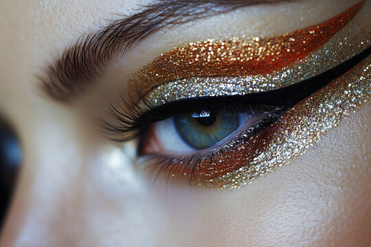 Art deco twenties flapper style inspired gold eye makeup with strong eyeliner 