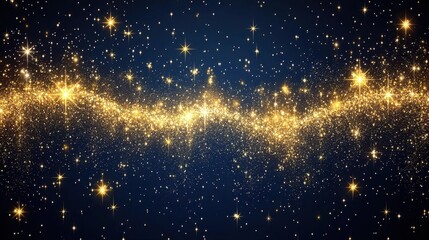Naklejka premium Elegant Christmas background with a blend of gold and silver sparkles on a dark navy canvas. The sparkles is distributed in a way that suggests a festive, shimmering night sky.