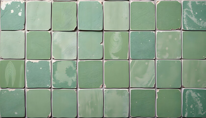 Old green vintage worn shabby seamless patchwork tiles stone concrete cement wall texture background wallpaper, with flower leaves print, professional photography, with white tones