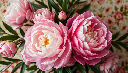 Vintage bouquet of pink and white peonies. Floristic decoration. Floral background. Baroque old fashiones style image. Natural flowers pattern wallpaper or greeting card, professional photography
