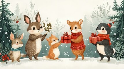 Obraz premium A whimsical illustration of animals exchanging gifts, perfect for holiday themes and children's decor.