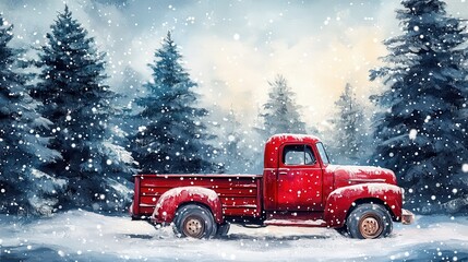 Red old christmas truck with chrismas trees driving through a snowy poetic winter landscape. Acrylic painting. isolated on a Transparent background. Generative A