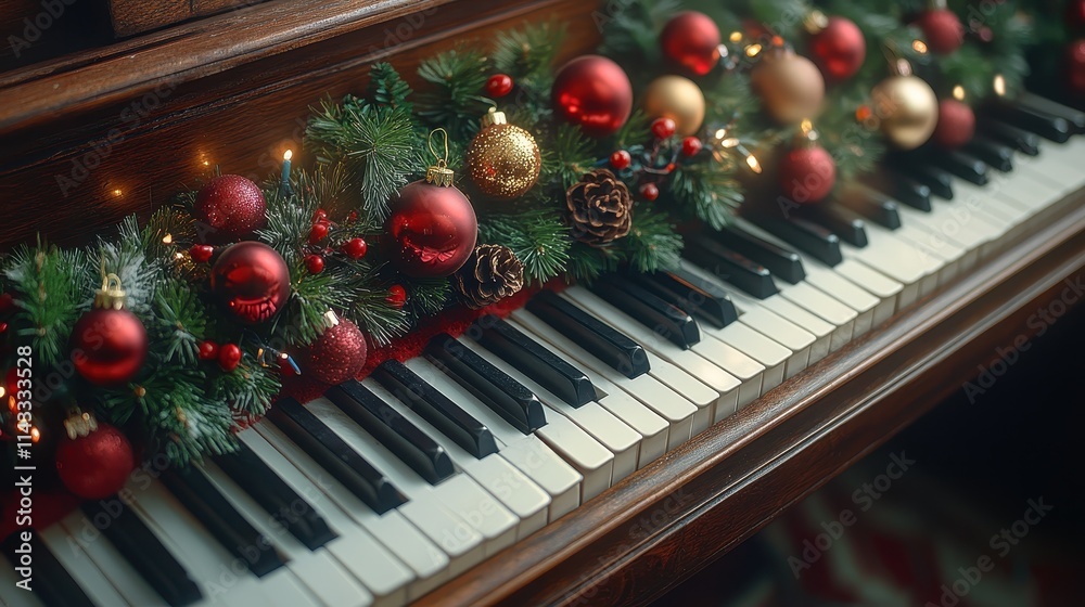 Wall mural Piano keyboard adorned with Christmas decorations for the holidays