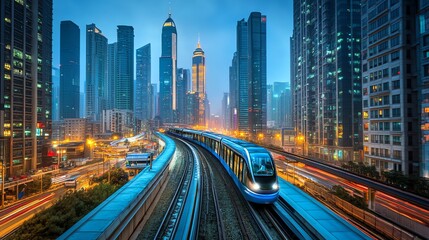 Fototapeta premium A futuristic train travels through a vibrant cityscape at dusk, showcasing urban transport.