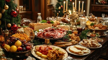 christmas holiday feast - table filled with decadent food