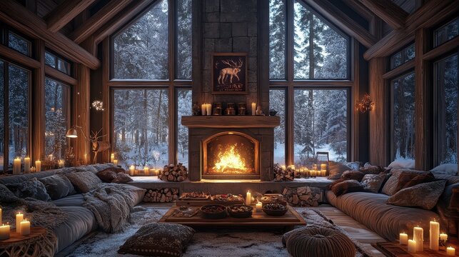 Evening in large warm living room with fireplace and lots of candles, food and boar game on the tea table, interior of cozy cabin in winter snowy forest, slowcation concept, AI generated image