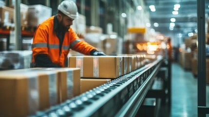 worker checking boxes of products on the conveyor belt