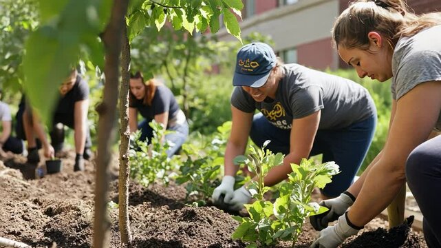Community Garden Volunteers: A group of diverse women work together in a vibrant community garden, planting seedlings and cultivating a shared space.