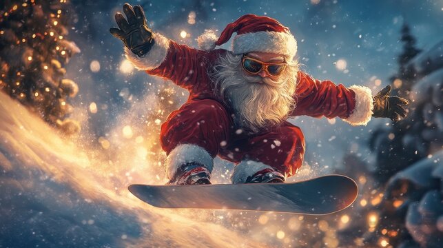 Merry Chrismas. Santa Claus snowboarding fast. Winter fairy scene with a chrismas atmosphere. Chrismas holyday postcard