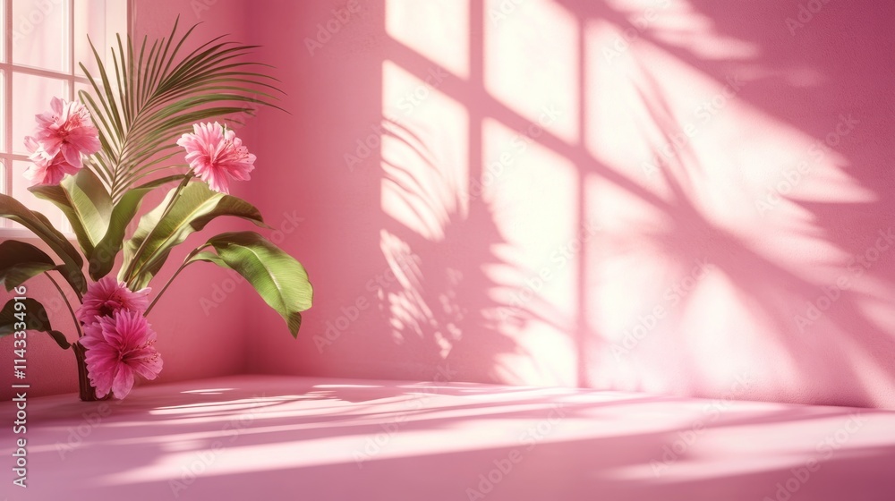 Poster a serene pink interior with flowers and soft shadows, creating a calming atmosphere.