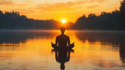 Fototapeta premium Sunrise Meditation by the Lake Celebrating International Mens Day, Thanksgiving, and World Kindness Day