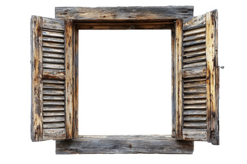 an open window with weathered wooden shutters. isolated on a transparent background