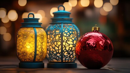 Two vibrant yellow and blue lanterns beside a glossy red ornament.