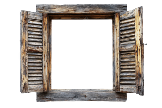 an open window with weathered wooden shutters. isolated on a transparent background